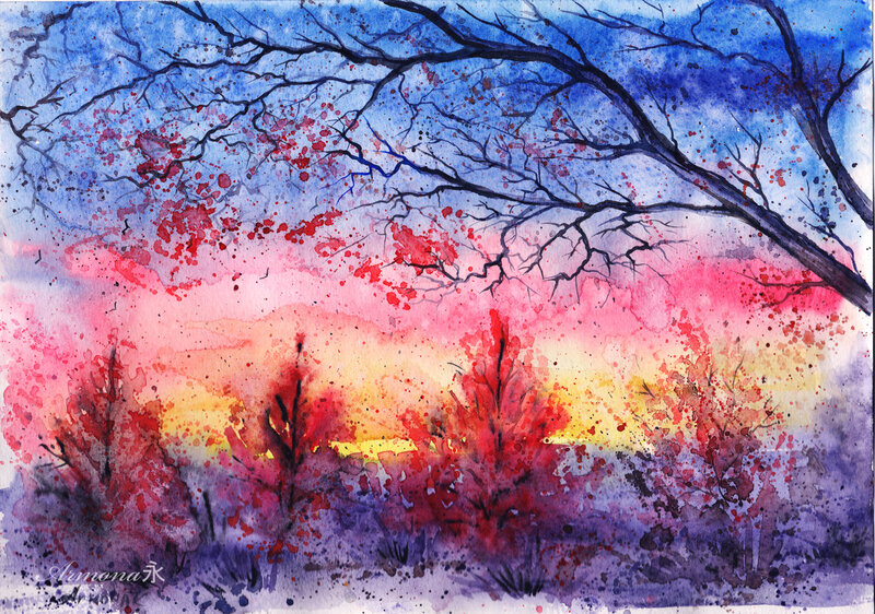 Autumn Trees at Sunset — Red