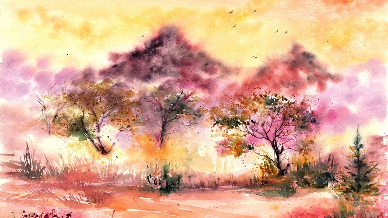 Autumn Trees at Sunset — Yellow, Serene