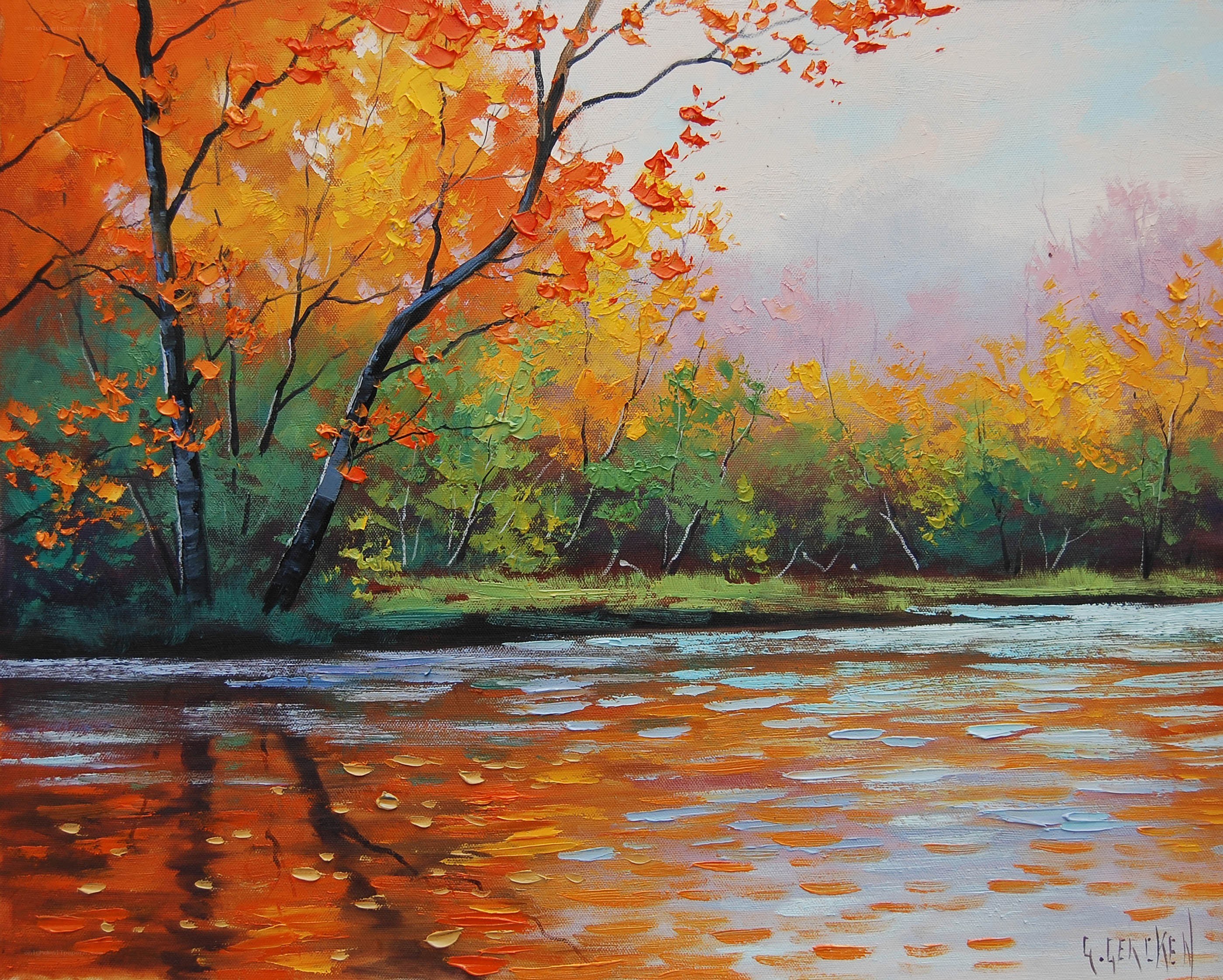 Autumn trees by a river