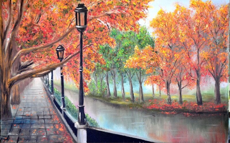 Autumn Trees by Canal — Orange, Serene, Painting
