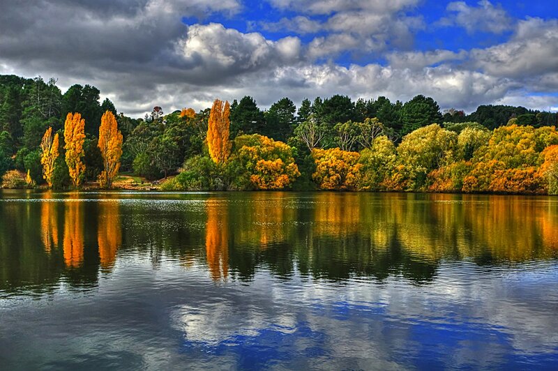 Autumn Trees by Lake — Blue, Dramatic, Photograph, Clouds