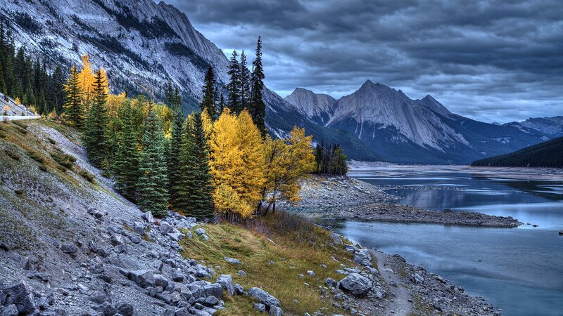 Autumn Trees by Lake — Blue, Dramatic, Photograph, Mountains, Forest, River