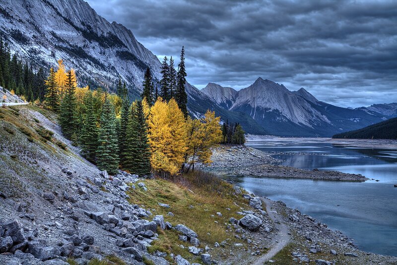 Autumn Trees by Lake — Blue, Dramatic, Photograph, Mountains, Forest