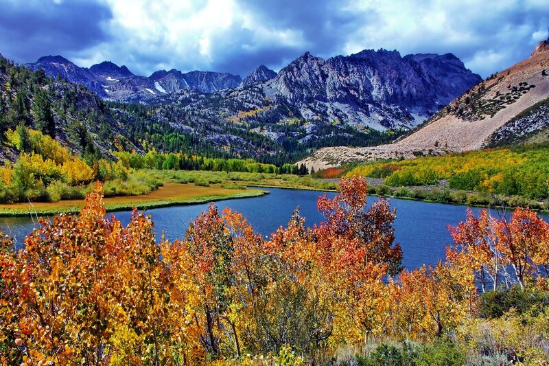 Autumn Trees by Lake — Blue, Dramatic, Photograph, Mountains