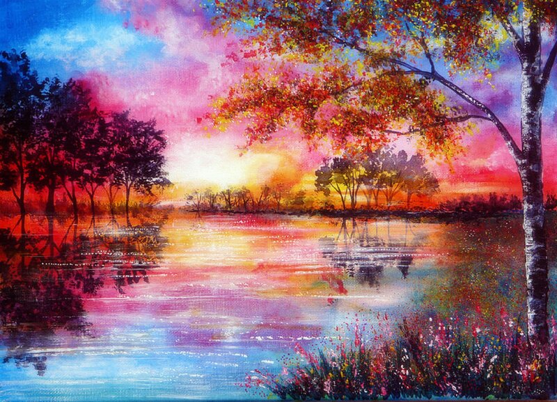 Autumn Trees by Lake — Blue, Dramatic, Sunset, Painting
