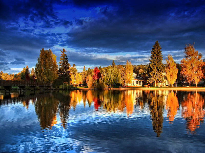 Autumn Trees by Lake — Blue, Dramatic, Sunset, Photograph, House