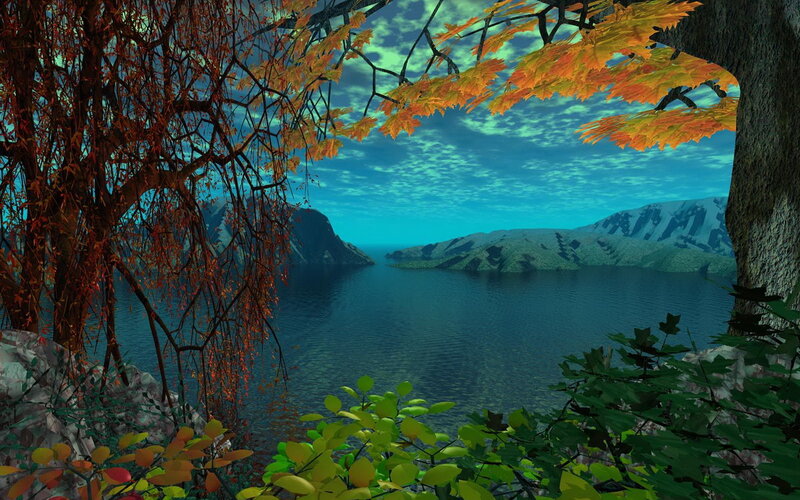 Autumn Trees by Lake — Blue, Serene, 3d Render