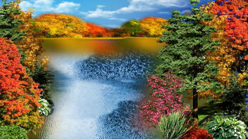 Autumn Trees by Lake — Blue, Serene, Digital Art