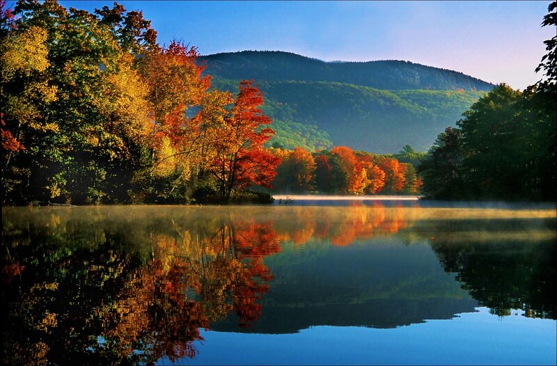 Autumn Trees by Lake — Blue, Serene, Morning, Photograph, Mountain