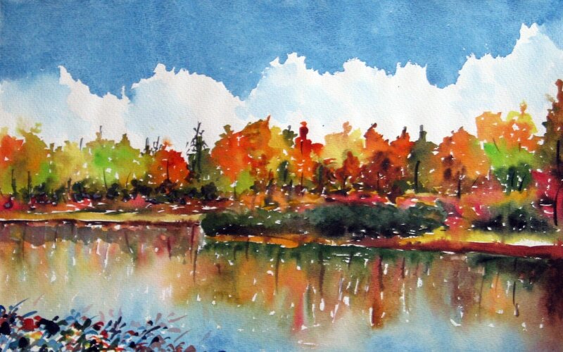 Autumn Trees by Lake — Blue, Serene, Painting