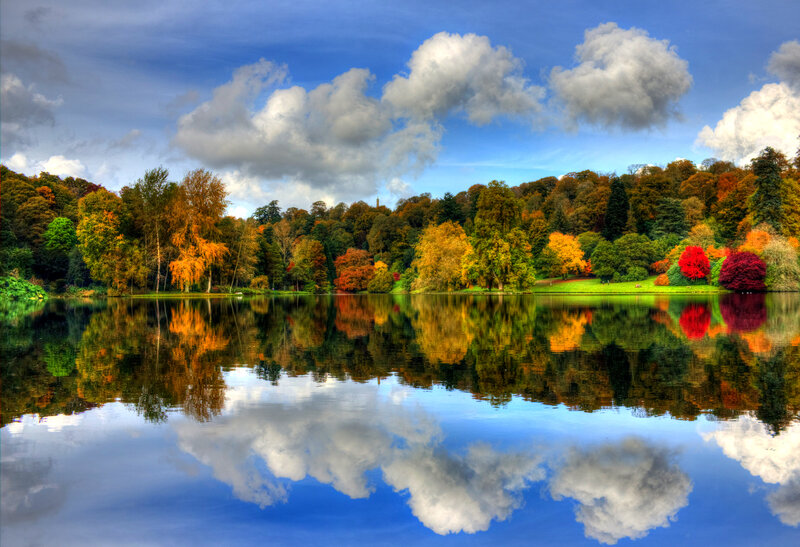 Autumn Trees by Lake — Blue, Serene, Photograph, Clouds, Grass