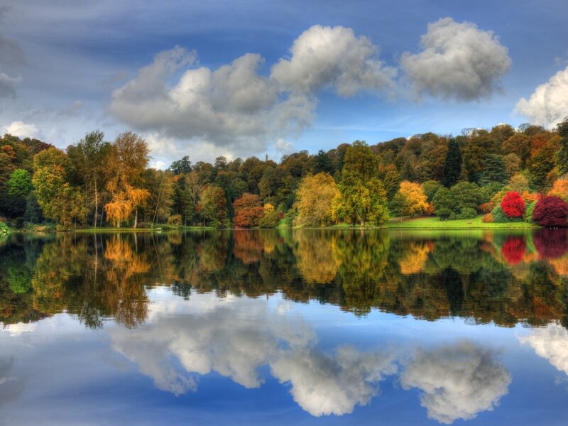 Autumn Trees by Lake — Blue, Serene, Photograph, Clouds, Reflection