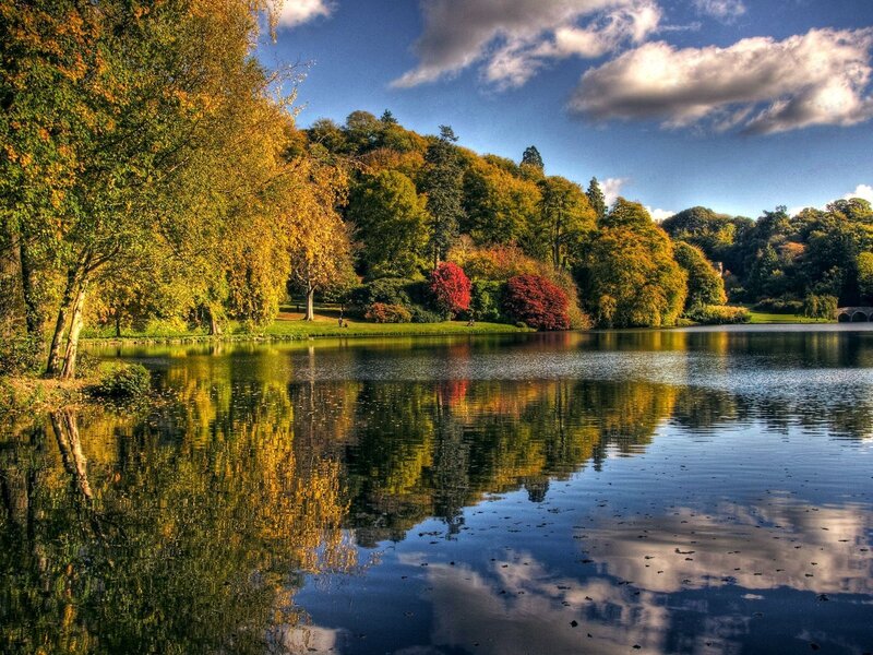 Autumn Trees by Lake — Blue, Serene, Photograph, Clouds
