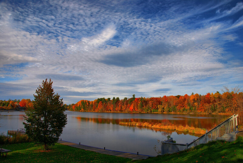 Autumn Trees by Lake — Blue, Serene, Photograph, Dock
