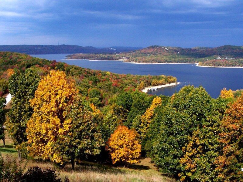 Autumn Trees by Lake — Blue, Serene, Photograph, Hills, Yellow