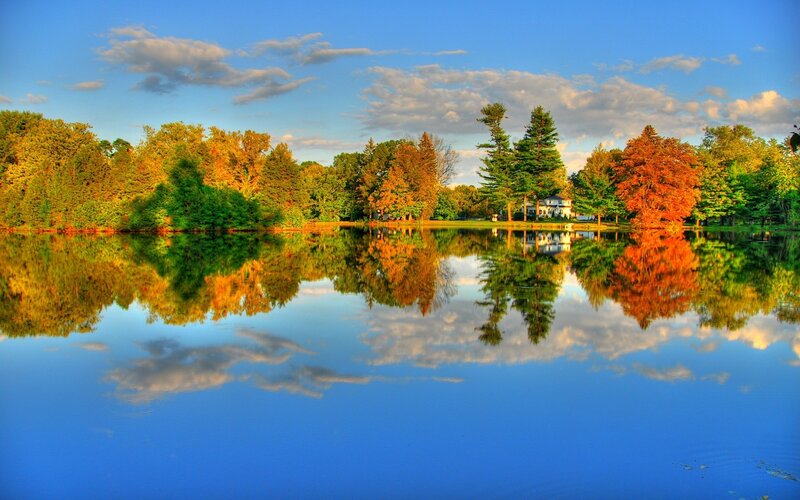 Autumn Trees by Lake — Blue, Serene, Photograph, House, Clouds, Green