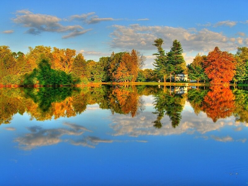 Autumn Trees by Lake — Blue, Serene, Photograph, House
