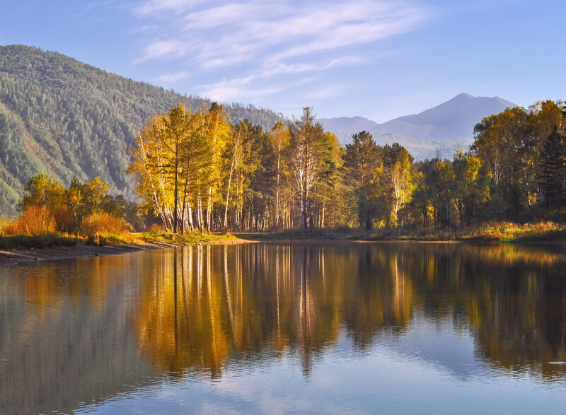Autumn Trees by Lake — Blue, Serene, Photograph, Mountains, Forest, River