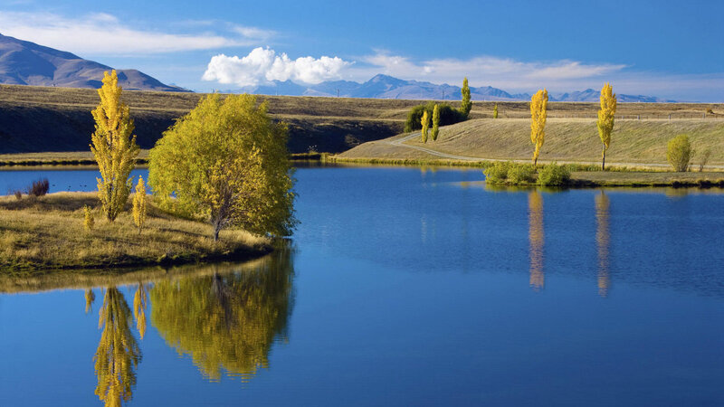 Autumn Trees by Lake — Blue, Serene, Photograph, Mountains, Hills