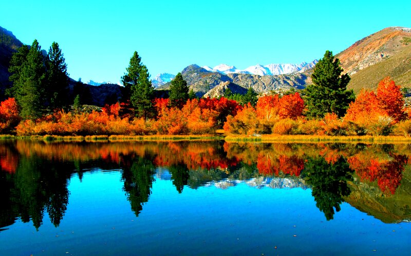 Autumn Trees by Lake — Blue, Serene, Photograph, Mountains, Reflection