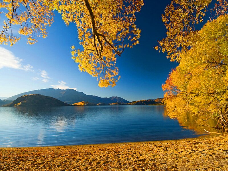 Autumn Trees by Lake — Blue, Serene, Photograph, Mountains, Sky
