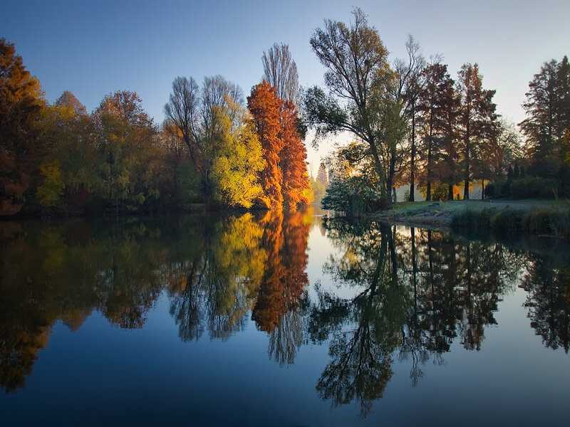 Autumn Trees by Lake — Blue, Serene, Photograph, Reflection