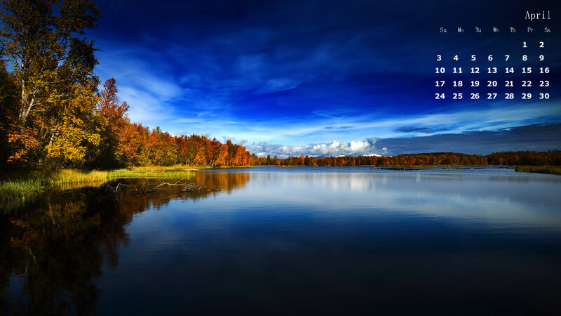 Autumn Trees by Lake — Blue, Serene, Photograph, Sky, Calendar