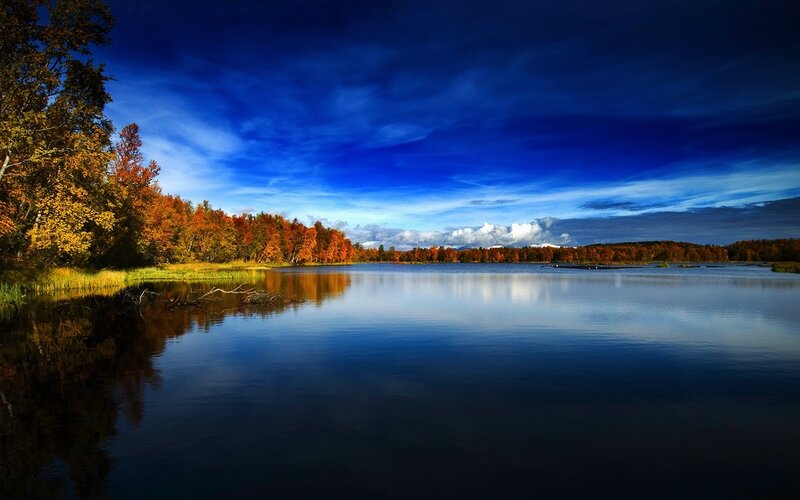 Autumn Trees by Lake — Blue, Serene, Photograph, Sky, Reflection