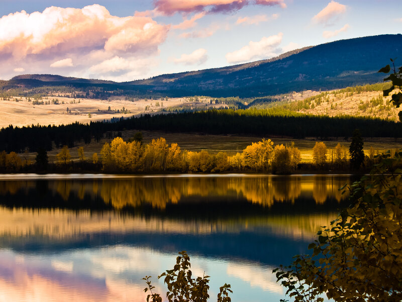 Autumn Trees by Lake — Blue, Serene, Sunset, Photograph, Mountains