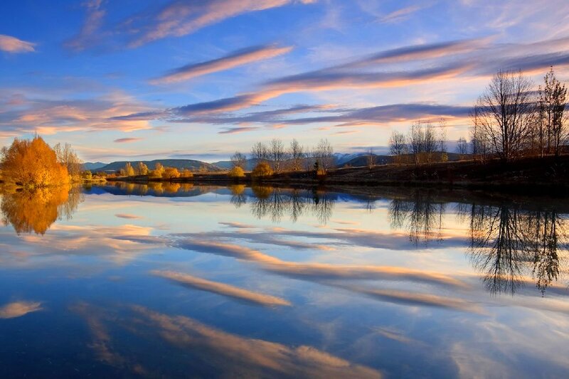 Autumn Trees by Lake — Blue, Serene, Sunset