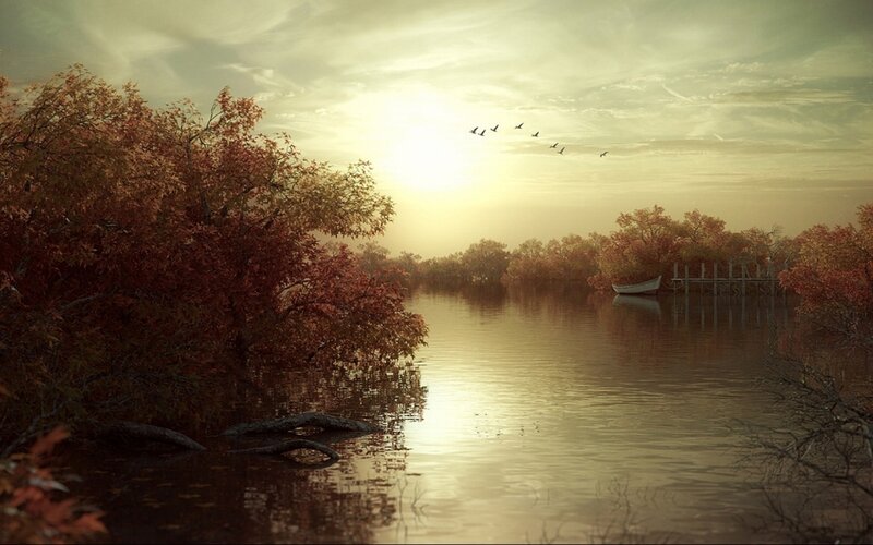 Autumn Trees by Lake — Brown, Serene, Sunset