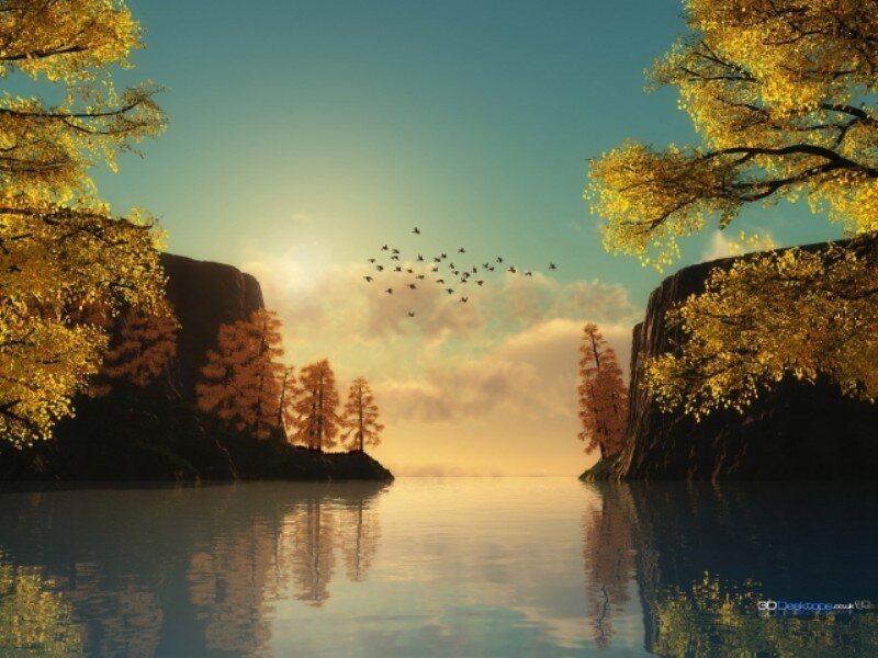 Autumn Trees by Lake — Gold, Serene, Sunset, Digital Art