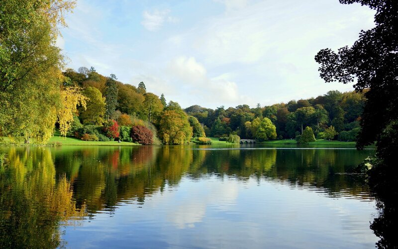 Autumn Trees by Lake — Green, Serene, Photograph, Bridge, Sky