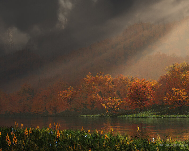 Autumn Trees by Lake — Orange, Dramatic, Digital Art, Mountain, Sky