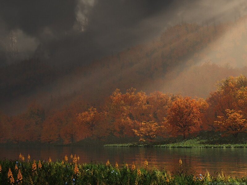 Autumn Trees by Lake — Orange, Dramatic, Digital Art, Mountain, Sunlight