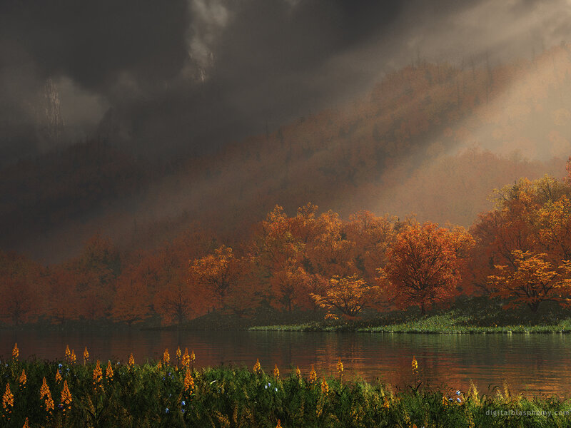 Autumn Trees by Lake — Orange, Dramatic, Digital Art