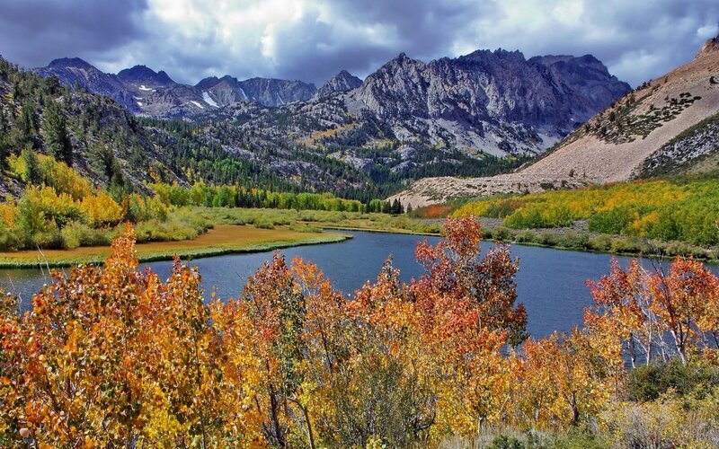 Autumn Trees by Lake — Orange, Dramatic, Photograph, Mountains, Forest