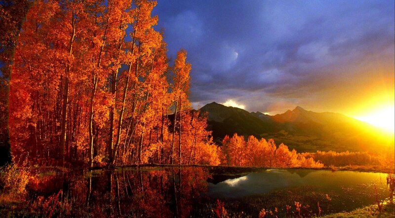 Autumn Trees by Lake — Orange, Dramatic, Sunset, Photograph, Mountains, Sun