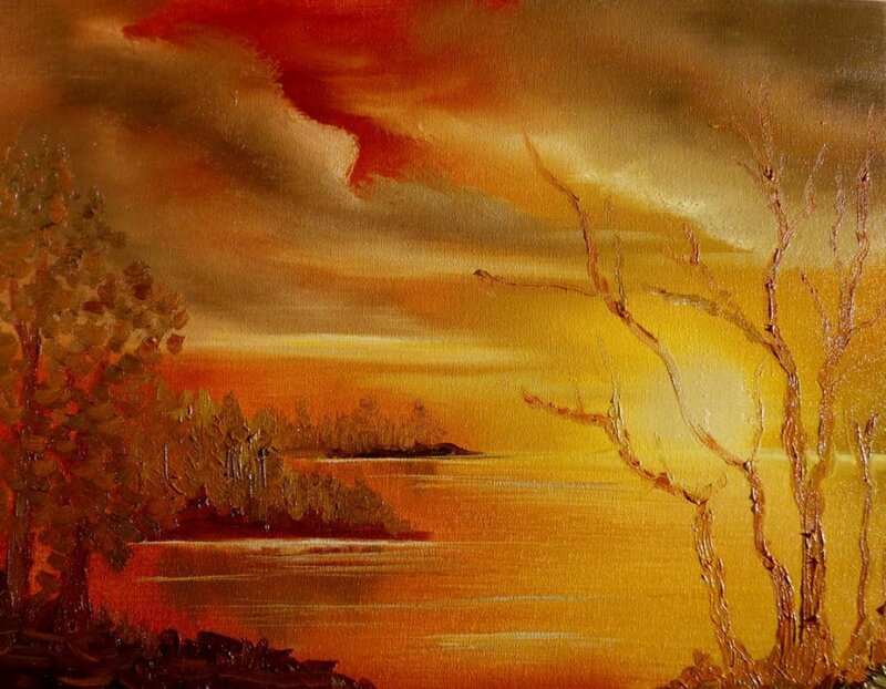 Autumn Trees by Lake — Orange, Dramatic, Sunset