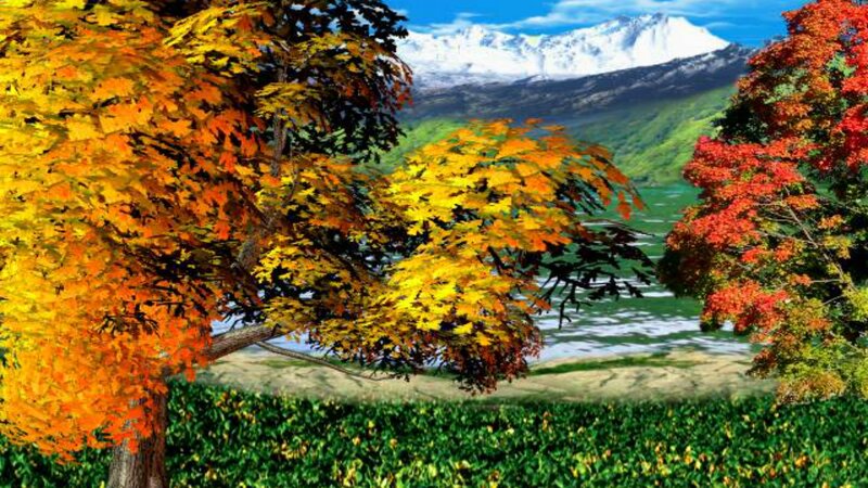Autumn Trees by Lake — Orange, Serene, Digital Art, Mountain