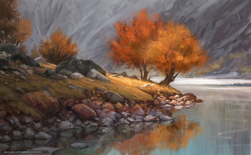 Autumn Trees by Lake — Orange, Serene, Digital Art, Rocks, Mountains, Reflection