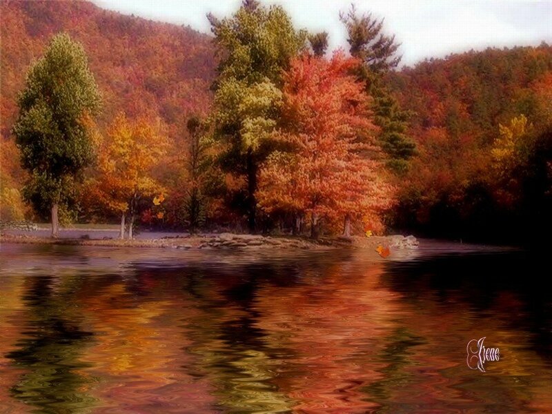 Autumn Trees by Lake — Orange, Serene, Digital Art