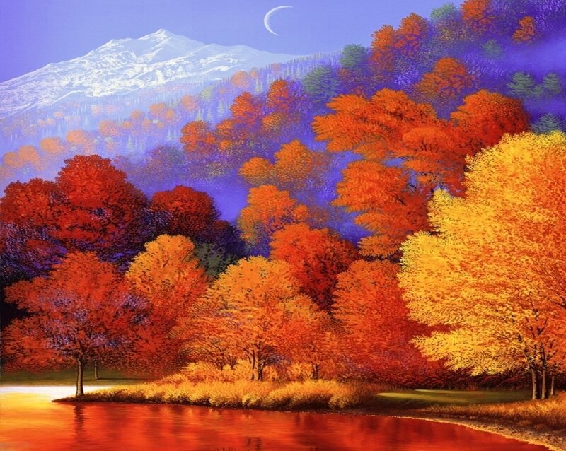 Autumn Trees by Lake — Orange, Serene, Night