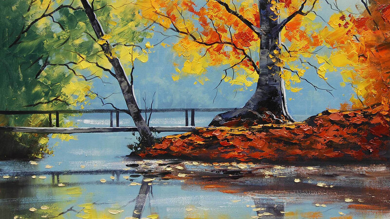 Autumn Trees by Lake — Orange, Serene, Painting