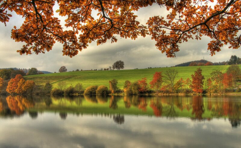 Autumn Trees by Lake — Orange, Serene, Photograph, Hills, Sky