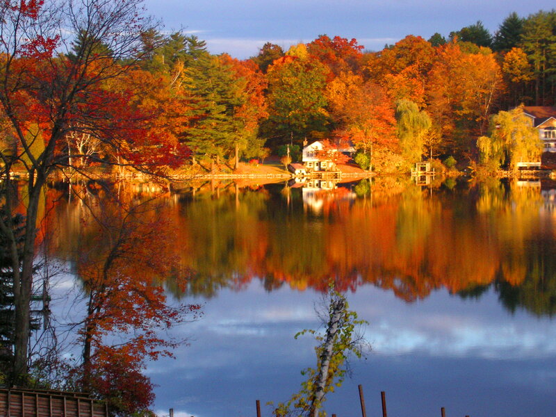 Autumn Trees by Lake — Orange, Serene, Photograph, House