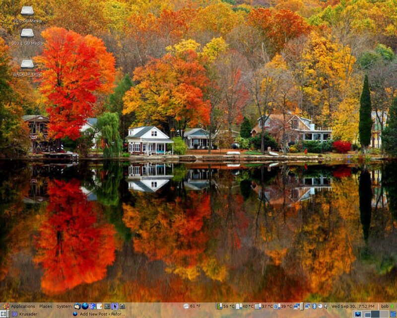 Autumn Trees by Lake — Orange, Serene, Photograph, Houses