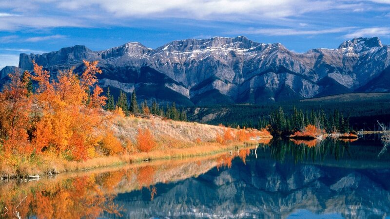 Autumn Trees by Lake — Orange, Serene, Photograph, Mountains, Blue, Green
