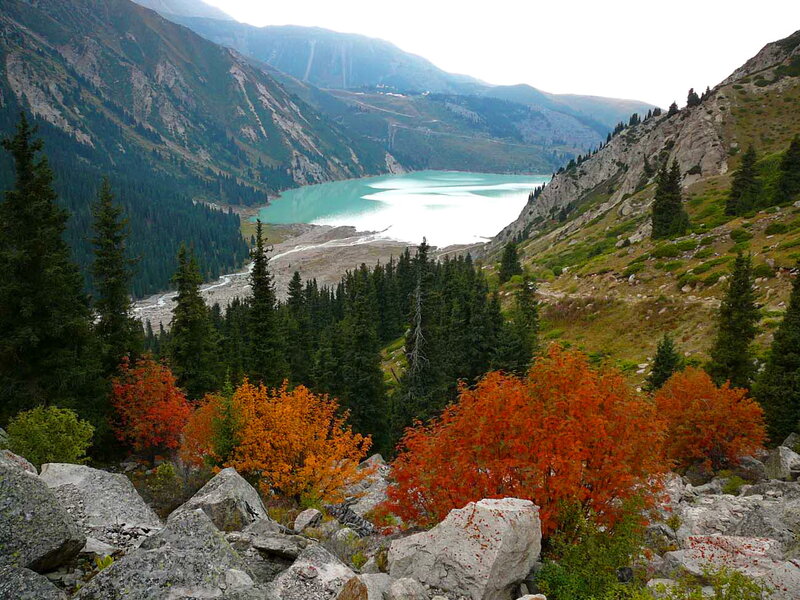 Autumn Trees by Lake — Orange, Serene, Photograph, Mountains, Forest, River