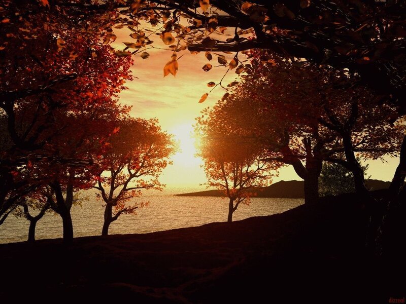 Autumn Trees by Lake — Orange, Serene, Sunset, Digital Art